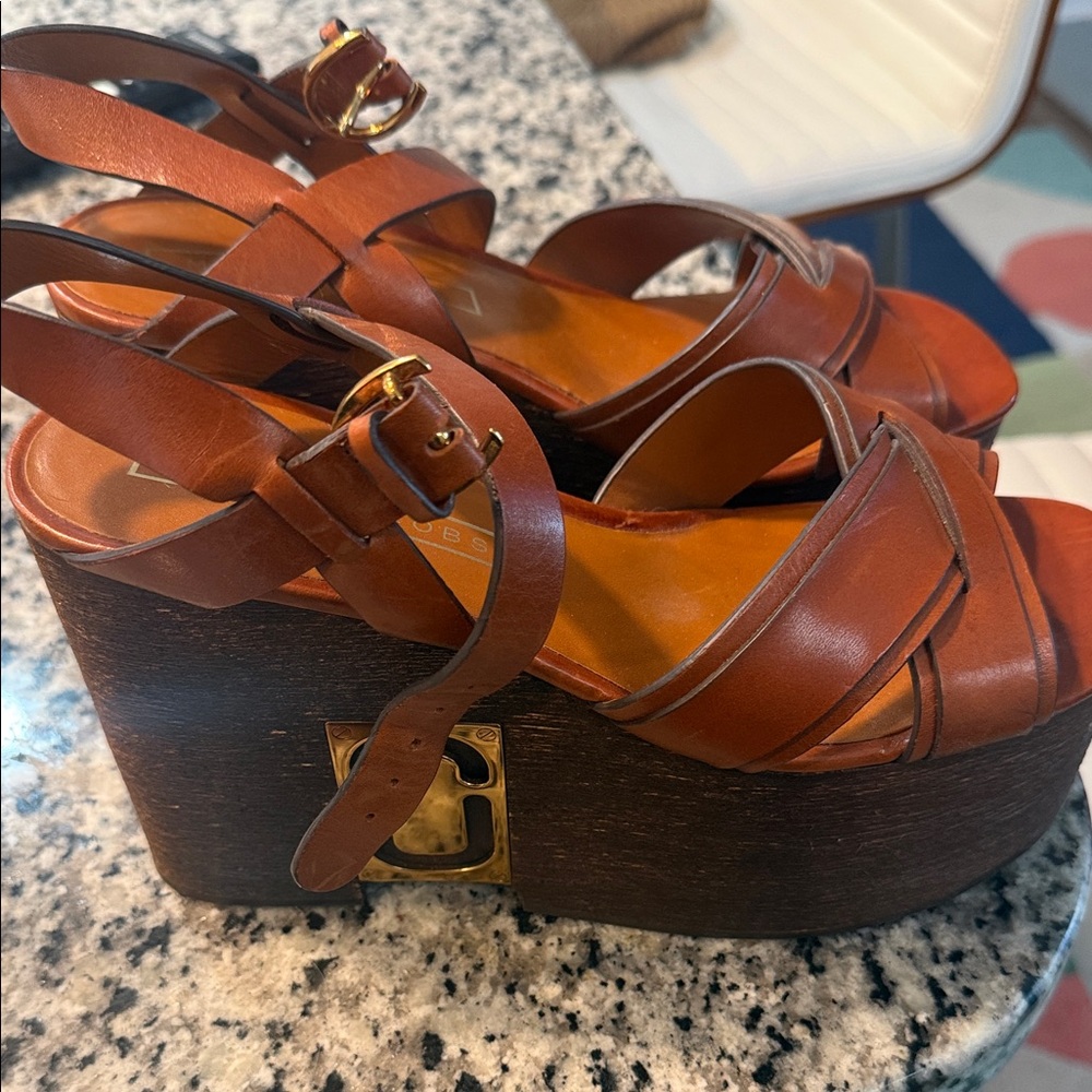 Marc Jacobs Cognac Leather Platform Wedge Sandals